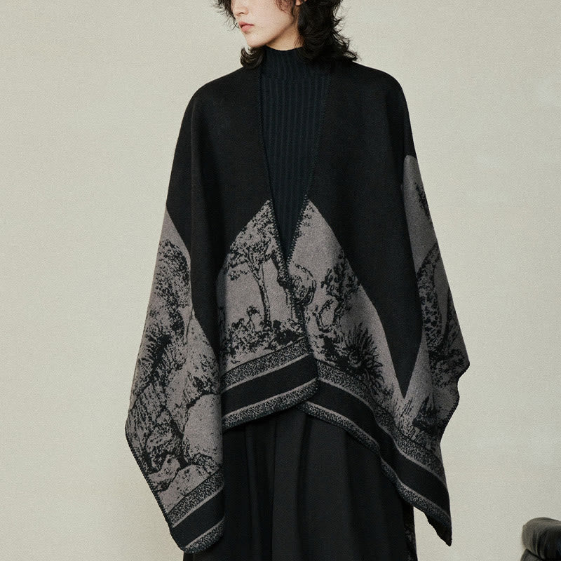 Écharpe double face en forme de cerf sika noir et gris Buddha Stones pour l'automne et l'hiver - Noir 133*158cm - image 0