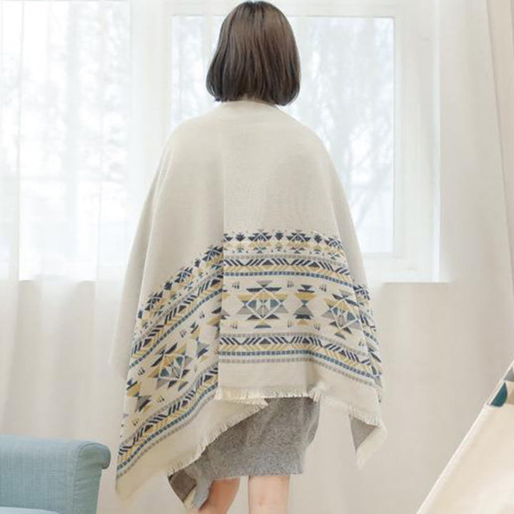 Écharpe enveloppante chaude à pompons et motifs géométriques beiges tibétains avec Buddha Stones pour l'automne et l'hiver - image 5