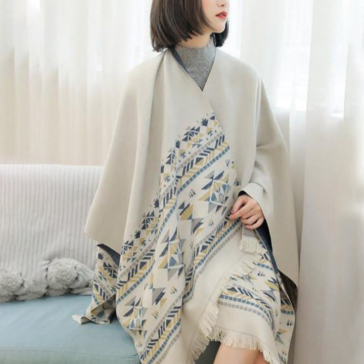 Écharpe enveloppante chaude à pompons et motifs géométriques beiges tibétains avec Buddha Stones pour l'automne et l'hiver