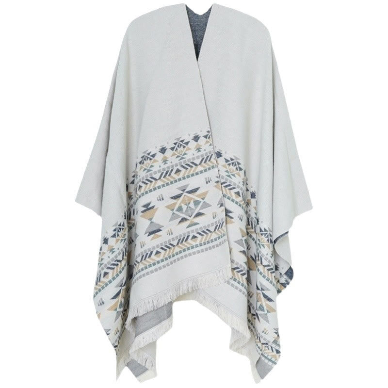 Écharpe enveloppante chaude à pompons et motifs géométriques beiges tibétains avec Buddha Stones pour l'automne et l'hiver