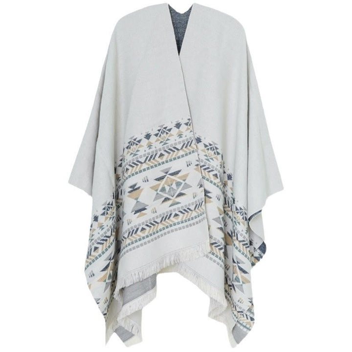Écharpe enveloppante chaude à pompons et motifs géométriques beiges tibétains avec Buddha Stones pour l'automne et l'hiver