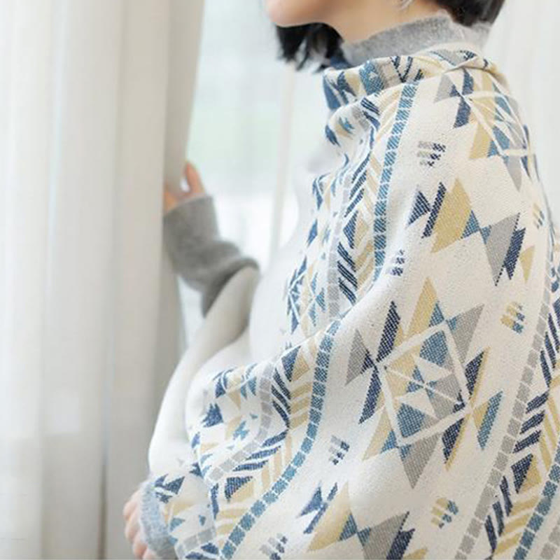 Écharpe enveloppante chaude à pompons et motifs géométriques beiges tibétains avec Buddha Stones pour l'automne et l'hiver - image 6