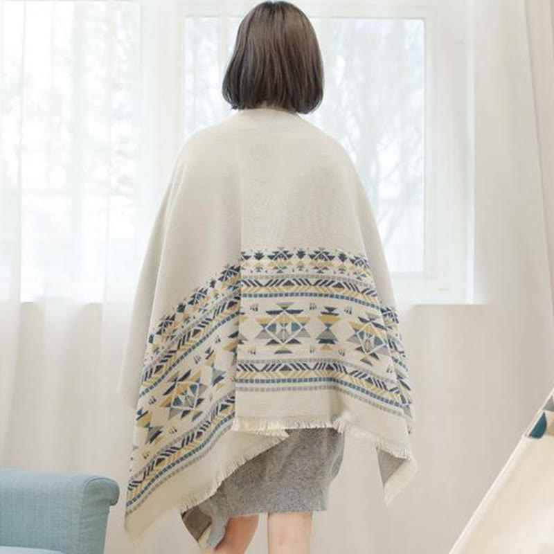 Écharpe enveloppante chaude à pompons et motifs géométriques beiges tibétains avec Buddha Stones pour l'automne et l'hiver