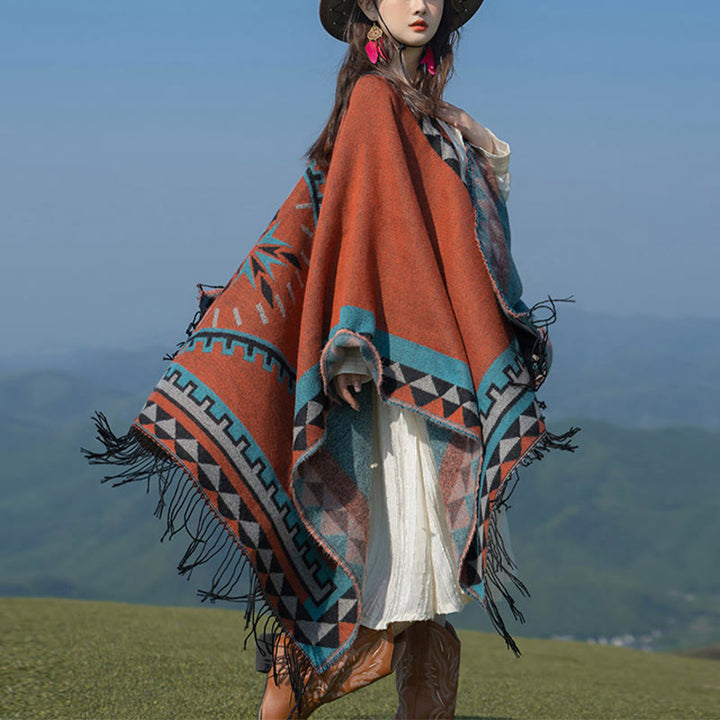 Écharpe enveloppante chaude à pompons Buddha Stones et motif géométrique en losange orange tibétain pour l'automne et l'hiver