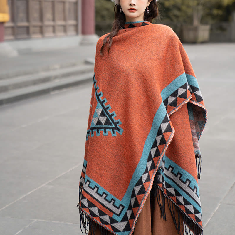 Écharpe enveloppante chaude à pompons Buddha Stones et motif géométrique en losange orange tibétain pour l'automne et l'hiver