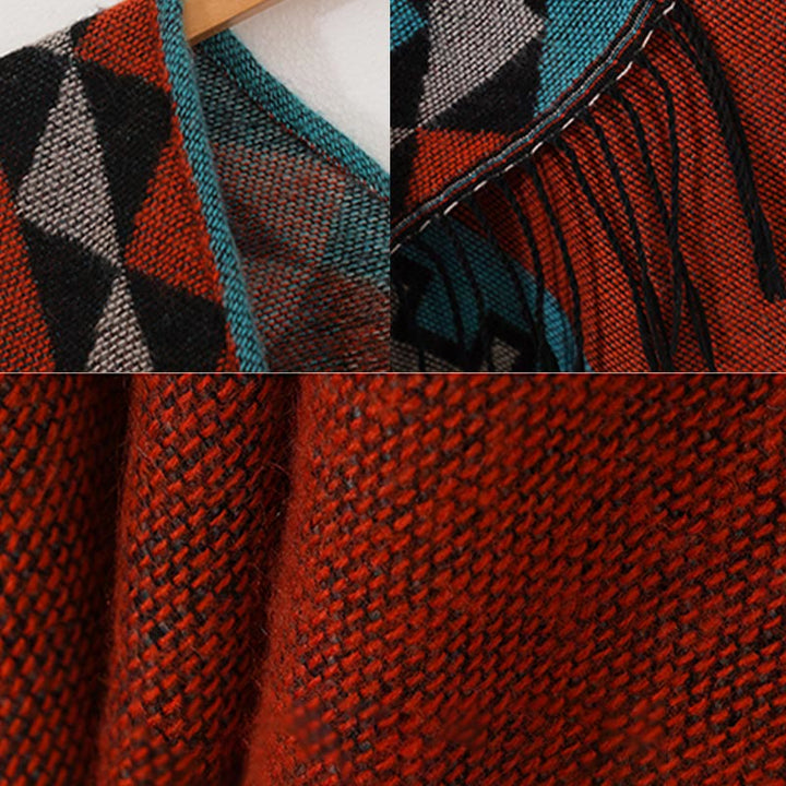 Écharpe enveloppante chaude à pompons Buddha Stones et motif géométrique en losange orange tibétain pour l'automne et l'hiver