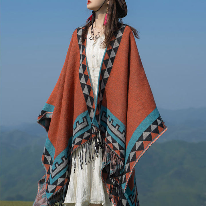 Écharpe enveloppante chaude à pompons Buddha Stones et motif géométrique en losange orange tibétain pour l'automne et l'hiver - image 5