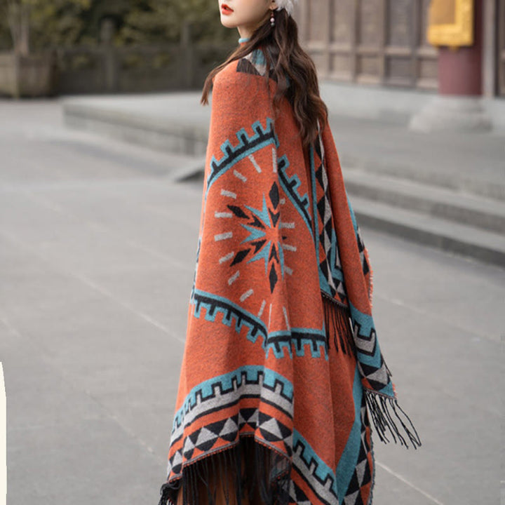 Écharpe enveloppante chaude à pompons Buddha Stones et motif géométrique en losange orange tibétain pour l'automne et l'hiver