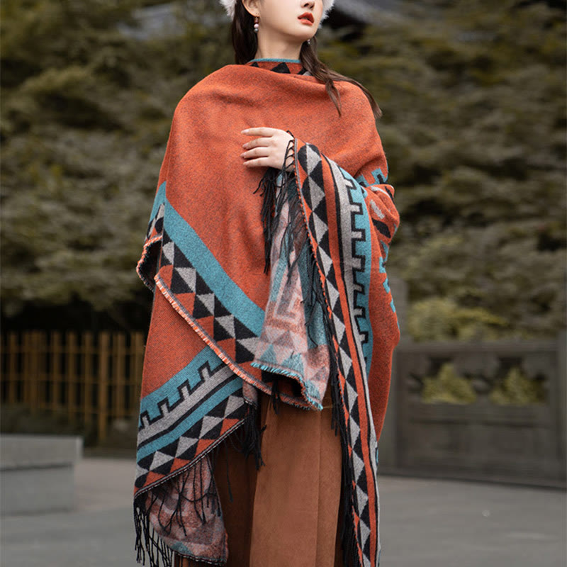 Écharpe enveloppante chaude à pompons Buddha Stones et motif géométrique en losange orange tibétain pour l'automne et l'hiver