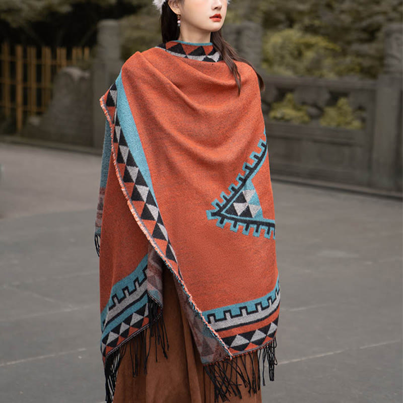 Écharpe enveloppante chaude à pompons Buddha Stones et motif géométrique en losange orange tibétain pour l'automne et l'hiver
