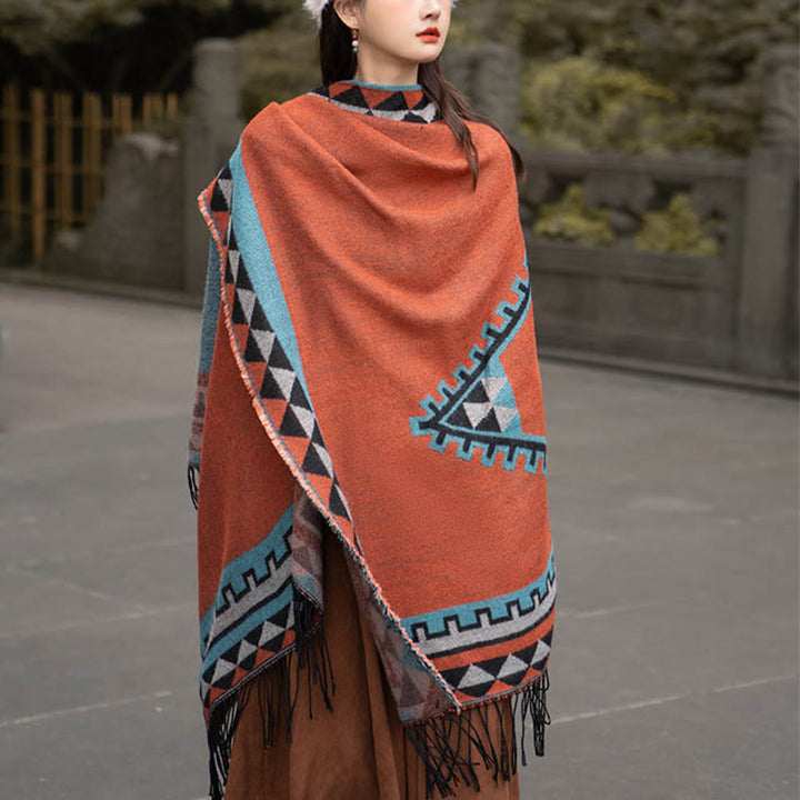 Écharpe enveloppante chaude à pompons Buddha Stones et motif géométrique en losange orange tibétain pour l'automne et l'hiver