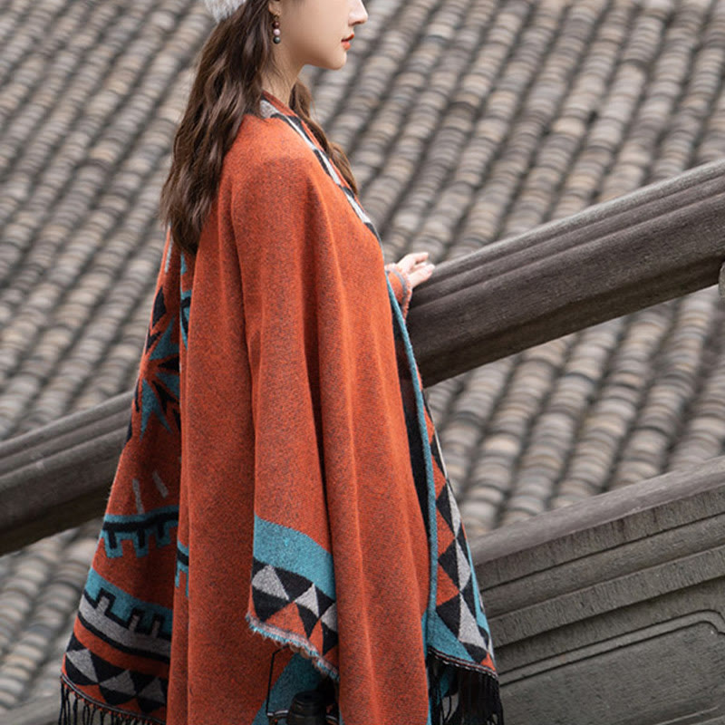 Écharpe enveloppante chaude à pompons Buddha Stones et motif géométrique en losange orange tibétain pour l'automne et l'hiver