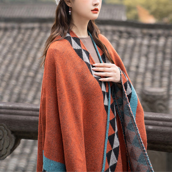 Écharpe enveloppante chaude à pompons Buddha Stones et motif géométrique en losange orange tibétain pour l'automne et l'hiver