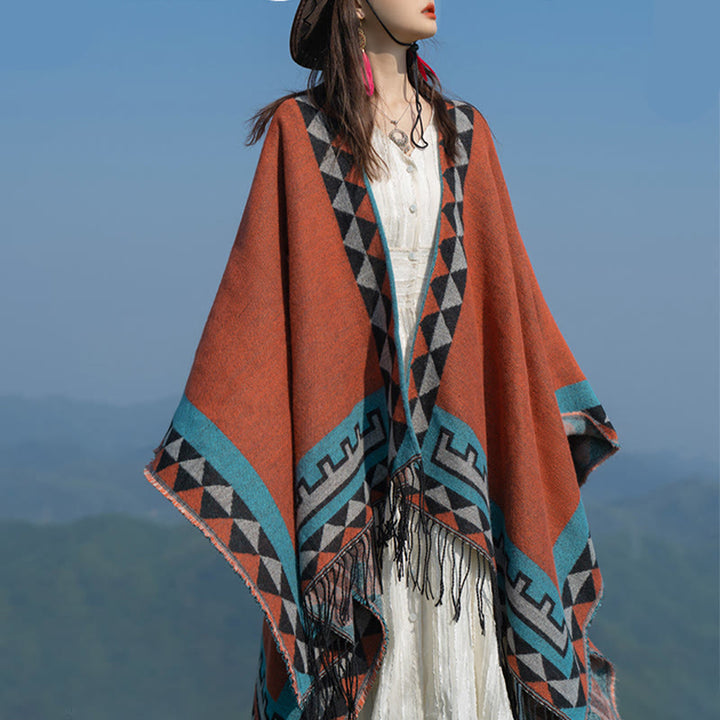 Écharpe enveloppante chaude à pompons Buddha Stones et motif géométrique en losange orange tibétain pour l'automne et l'hiver
