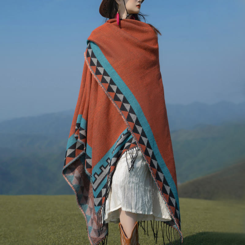 Écharpe enveloppante chaude à pompons Buddha Stones et motif géométrique en losange orange tibétain pour l'automne et l'hiver - image 7