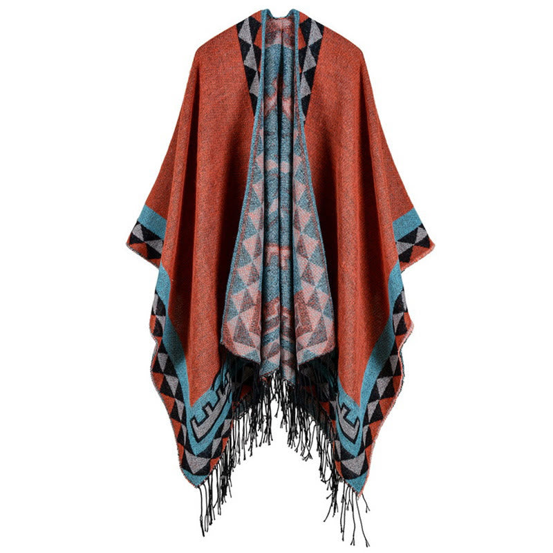 Écharpe enveloppante chaude à pompons Buddha Stones et motif géométrique en losange orange tibétain pour l'automne et l'hiver