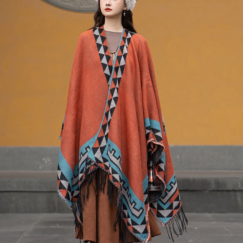 Écharpe enveloppante chaude à pompons Buddha Stones et motif géométrique en losange orange tibétain pour l'automne et l'hiver
