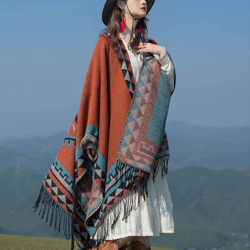 Écharpe enveloppante chaude à pompons Buddha Stones et motif géométrique en losange orange tibétain pour l'automne et l'hiver