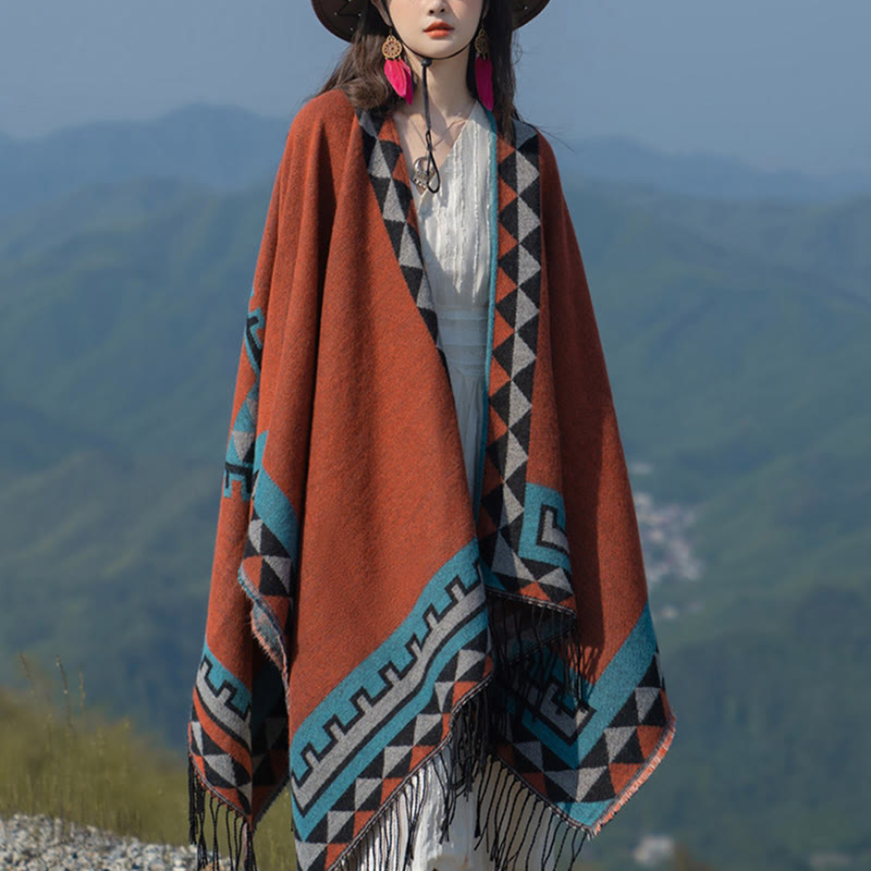 Écharpe enveloppante chaude à pompons Buddha Stones et motif géométrique en losange orange tibétain pour l'automne et l'hiver