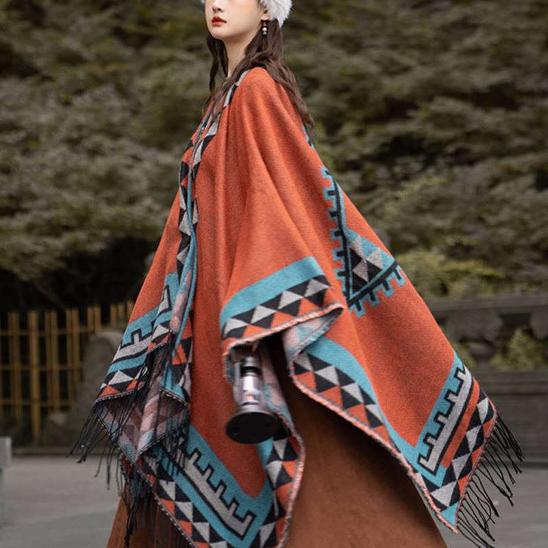 Écharpe enveloppante chaude à pompons Buddha Stones et motif géométrique en losange orange tibétain pour l'automne et l'hiver