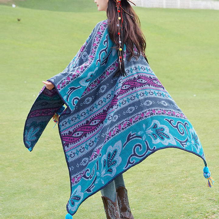 Écharpe enveloppante chaude et douce Buddha Stones et rayures horizontales géométriques tibétaines à motifs de fleurs pour l'automne et l'hiver - Bleu 160*135cm - image 0