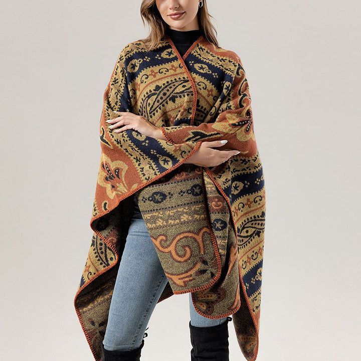 Écharpe enveloppante chaude et douce Buddha Stones et rayures horizontales géométriques tibétaines à motifs de fleurs pour l'automne et l'hiver - Orange kaki 160*135cm - image 20