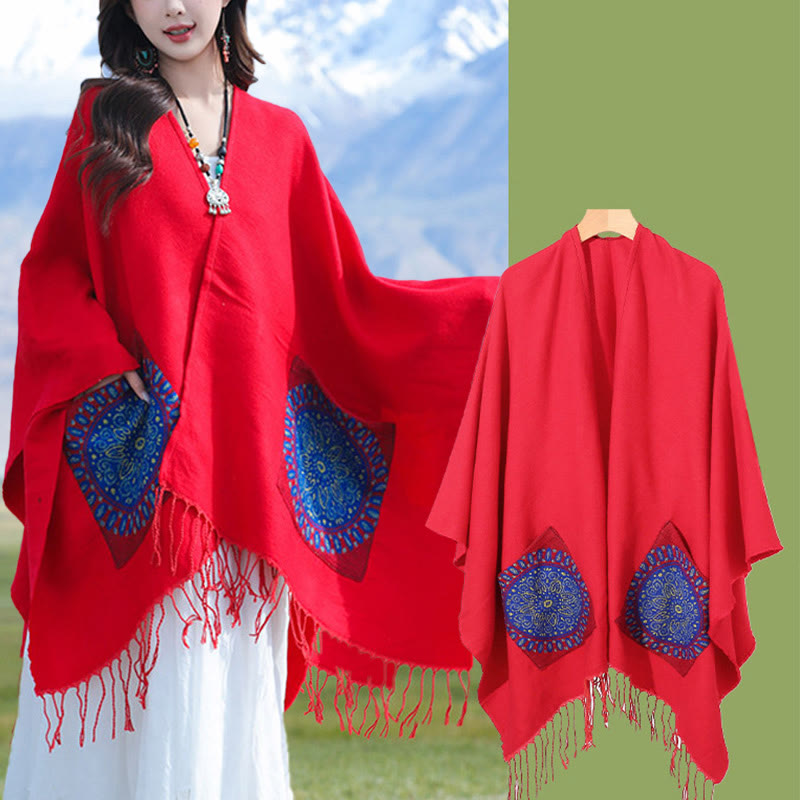 Écharpe enveloppante confortable avec poches et Buddha Stones, motif géométrique rond et mandala tibétain, pour l'automne et l'hiver