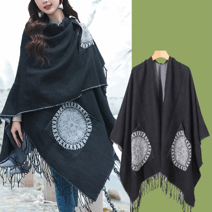 Écharpe enveloppante confortable avec poches et Buddha Stones, motif géométrique rond et mandala tibétain, pour l'automne et l'hiver
