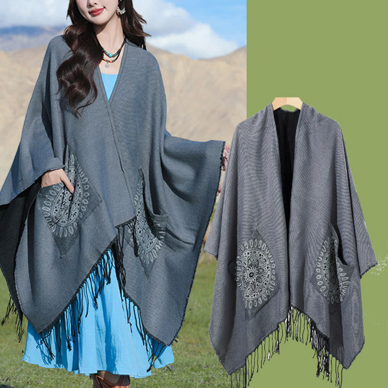 Écharpe enveloppante confortable avec poches et Buddha Stones, motif géométrique rond et mandala tibétain, pour l'automne et l'hiver