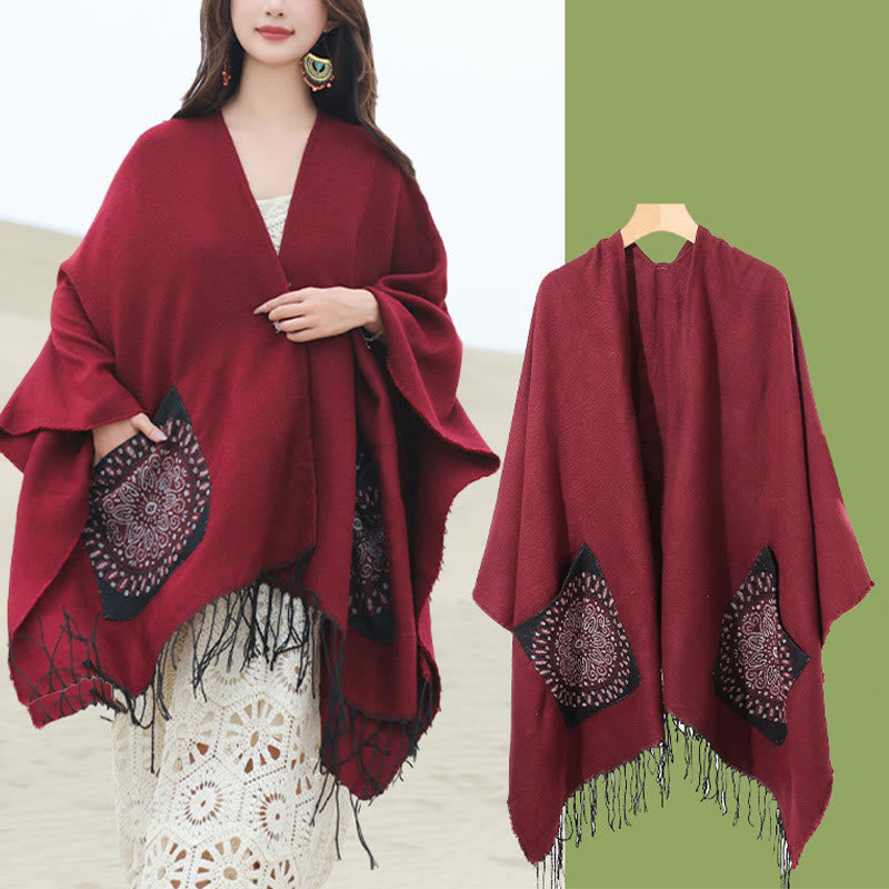 Écharpe enveloppante confortable avec poches et Buddha Stones, motif géométrique rond et mandala tibétain, pour l'automne et l'hiver