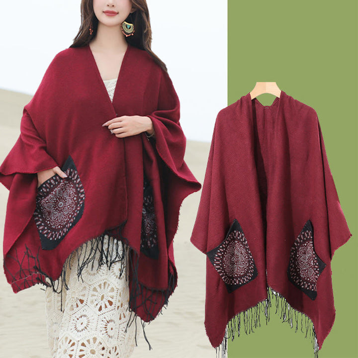 Écharpe enveloppante confortable avec poches et Buddha Stones, motif géométrique rond et mandala tibétain, pour l'automne et l'hiver