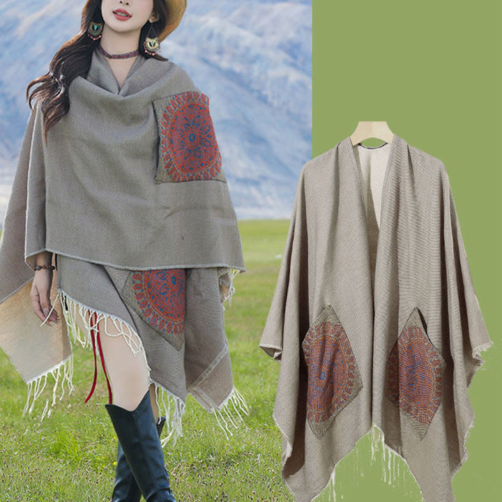 Écharpe enveloppante confortable avec poches et Buddha Stones, motif géométrique rond et mandala tibétain, pour l'automne et l'hiver