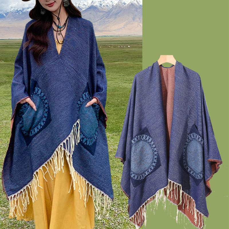 Écharpe enveloppante confortable avec poches et Buddha Stones, motif géométrique rond et mandala tibétain, pour l'automne et l'hiver