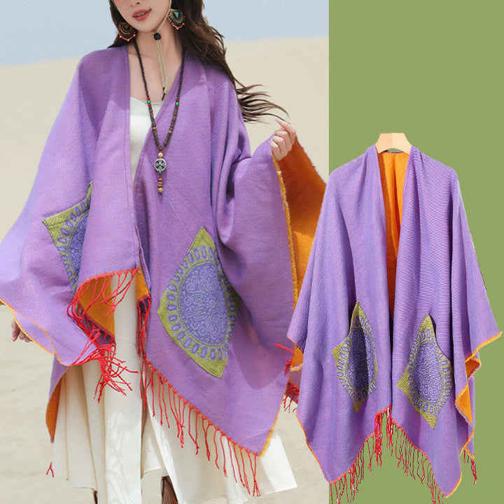Écharpe enveloppante confortable avec poches et Buddha Stones, motif géométrique rond et mandala tibétain, pour l'automne et l'hiver