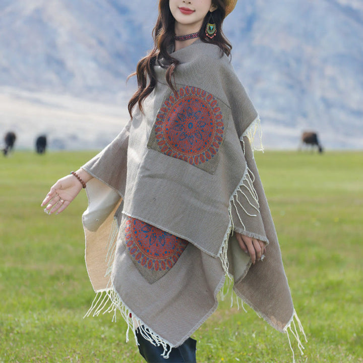 Écharpe enveloppante confortable avec poches et Buddha Stones, motif géométrique rond et mandala tibétain, pour l'automne et l'hiver