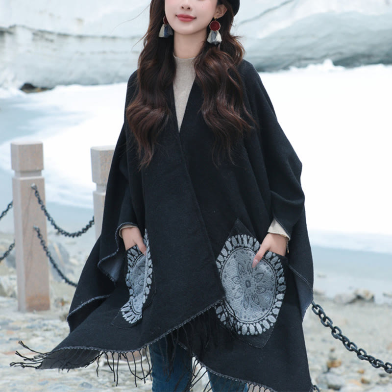 Écharpe enveloppante confortable avec poches et Buddha Stones, motif géométrique rond et mandala tibétain, pour l'automne et l'hiver - image 9