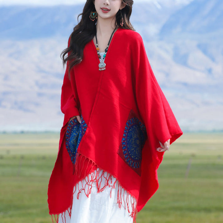 Écharpe enveloppante confortable avec poches et Buddha Stones, motif géométrique rond et mandala tibétain, pour l'automne et l'hiver