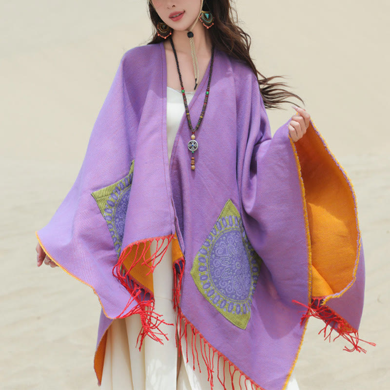 Écharpe enveloppante confortable avec poches et Buddha Stones, motif géométrique rond et mandala tibétain, pour l'automne et l'hiver