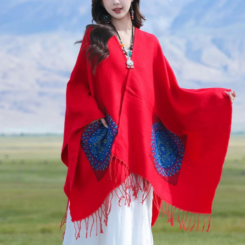 Écharpe enveloppante confortable avec poches et Buddha Stones, motif géométrique rond et mandala tibétain, pour l'automne et l'hiver