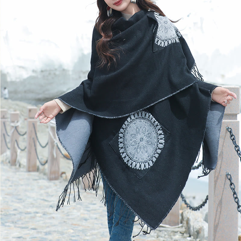 Écharpe enveloppante confortable avec poches et Buddha Stones, motif géométrique rond et mandala tibétain, pour l'automne et l'hiver