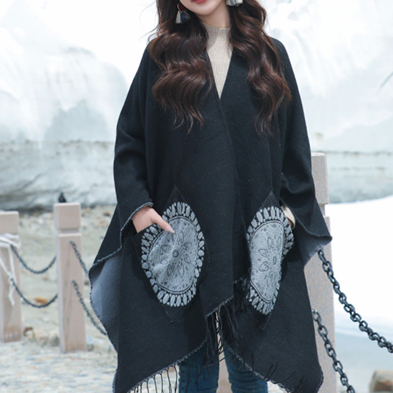 Écharpe enveloppante confortable avec poches et Buddha Stones, motif géométrique rond et mandala tibétain, pour l'automne et l'hiver - Noir - 140*155cm - image 6