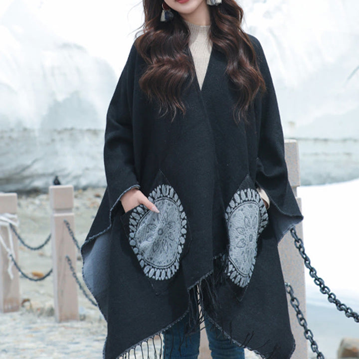Écharpe enveloppante confortable avec poches et Buddha Stones, motif géométrique rond et mandala tibétain, pour l'automne et l'hiver - Noir - 140*155cm - image 6