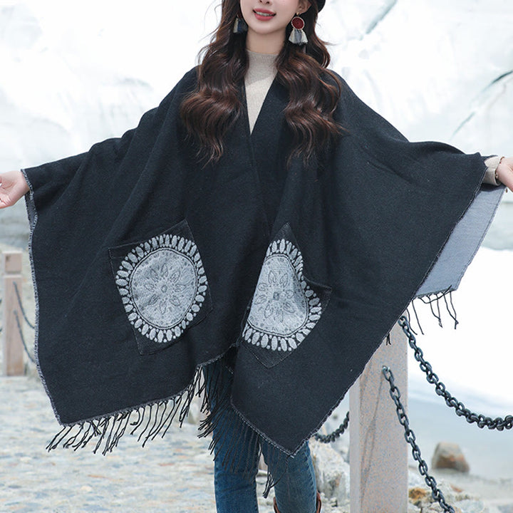 Écharpe enveloppante confortable avec poches et Buddha Stones, motif géométrique rond et mandala tibétain, pour l'automne et l'hiver