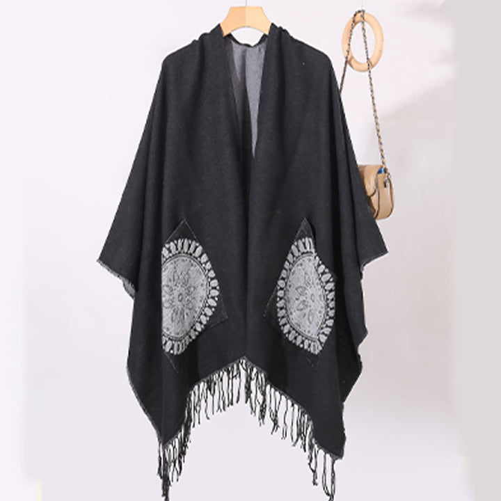 Écharpe enveloppante confortable avec poches et Buddha Stones, motif géométrique rond et mandala tibétain, pour l'automne et l'hiver