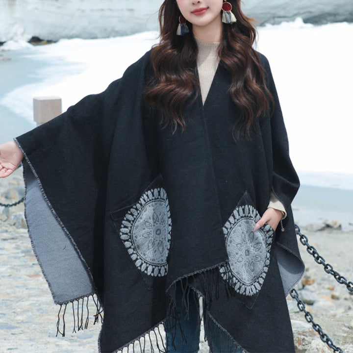 Écharpe enveloppante confortable avec poches et Buddha Stones, motif géométrique rond et mandala tibétain, pour l'automne et l'hiver