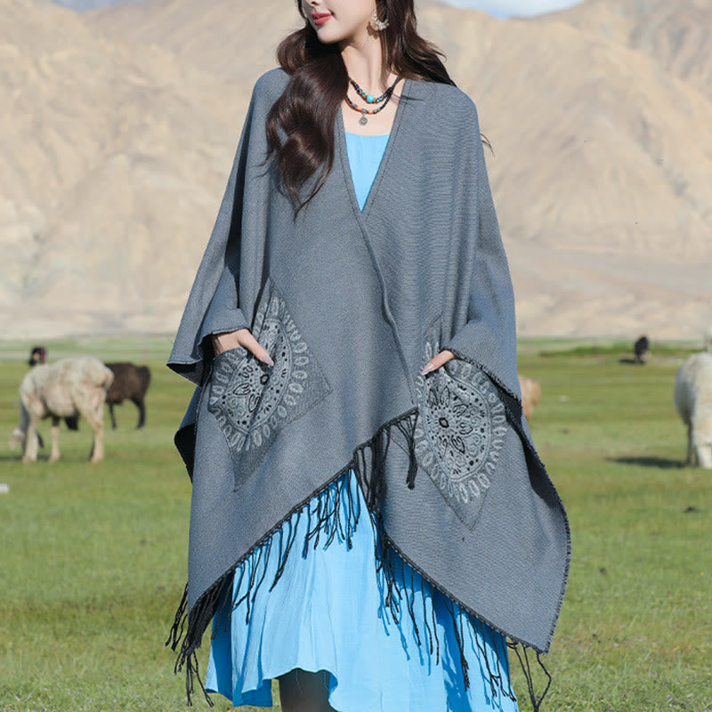 Écharpe enveloppante confortable avec poches et Buddha Stones, motif géométrique rond et mandala tibétain, pour l'automne et l'hiver - Gris - 140*155cm - image 14