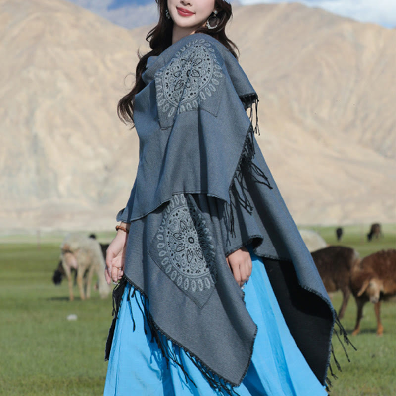 Écharpe enveloppante confortable avec poches et Buddha Stones, motif géométrique rond et mandala tibétain, pour l'automne et l'hiver