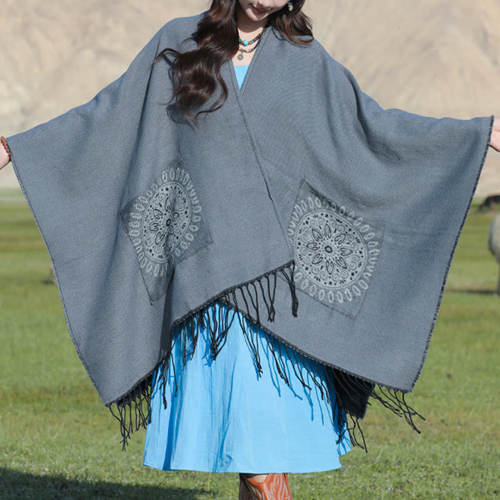 Écharpe enveloppante confortable avec poches et Buddha Stones, motif géométrique rond et mandala tibétain, pour l'automne et l'hiver