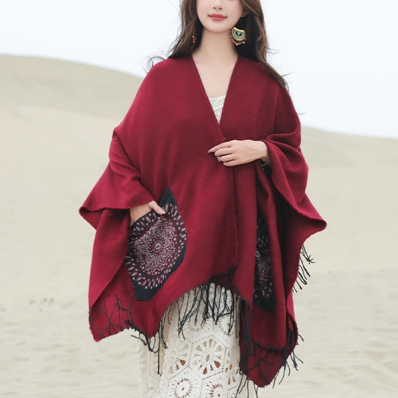 Écharpe enveloppante confortable avec poches et Buddha Stones, motif géométrique rond et mandala tibétain, pour l'automne et l'hiver