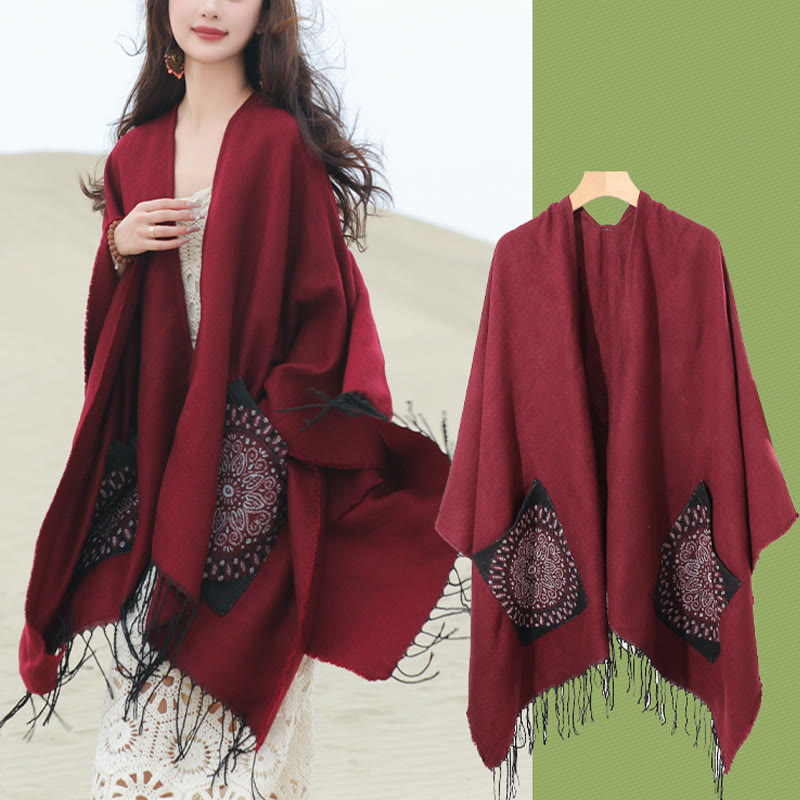 Écharpe enveloppante confortable avec poches et Buddha Stones, motif géométrique rond et mandala tibétain, pour l'automne et l'hiver